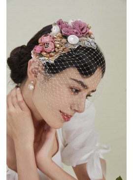 Mesh Flower Pearl Veil Headdress
